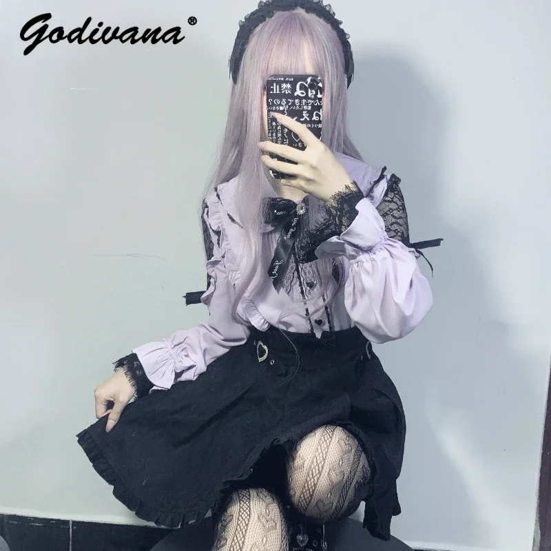 Japanese Mine Mass-Produced Shirt New Spring Women\'s Lolita Long Sleeve Lace Off-the-Shoulder Pink Black Blouse Cute Blusas