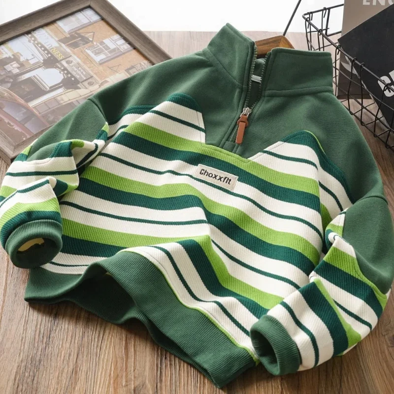 

New Striped Casual Hoodie for Boys in Spring and Autumn POLO Versatile Zipper Top for Middle-aged and Young Children Trendy