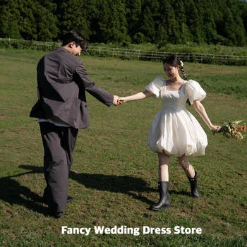 Vestidos de novia sencillos y elegantes de Corea, cuello cuadrado, mangas cortas abombadas, vestidos de novia hasta la rodilla, sesión de fotos, vestido Formal personalizado