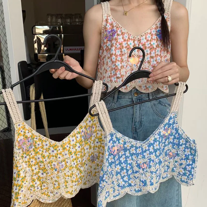 Boring Honey Summer Fashion Sexy Crop Top Full Printed Flowers O-Neck Thin All-Match Top Women Hem Wave Loose Sleeveless Camis