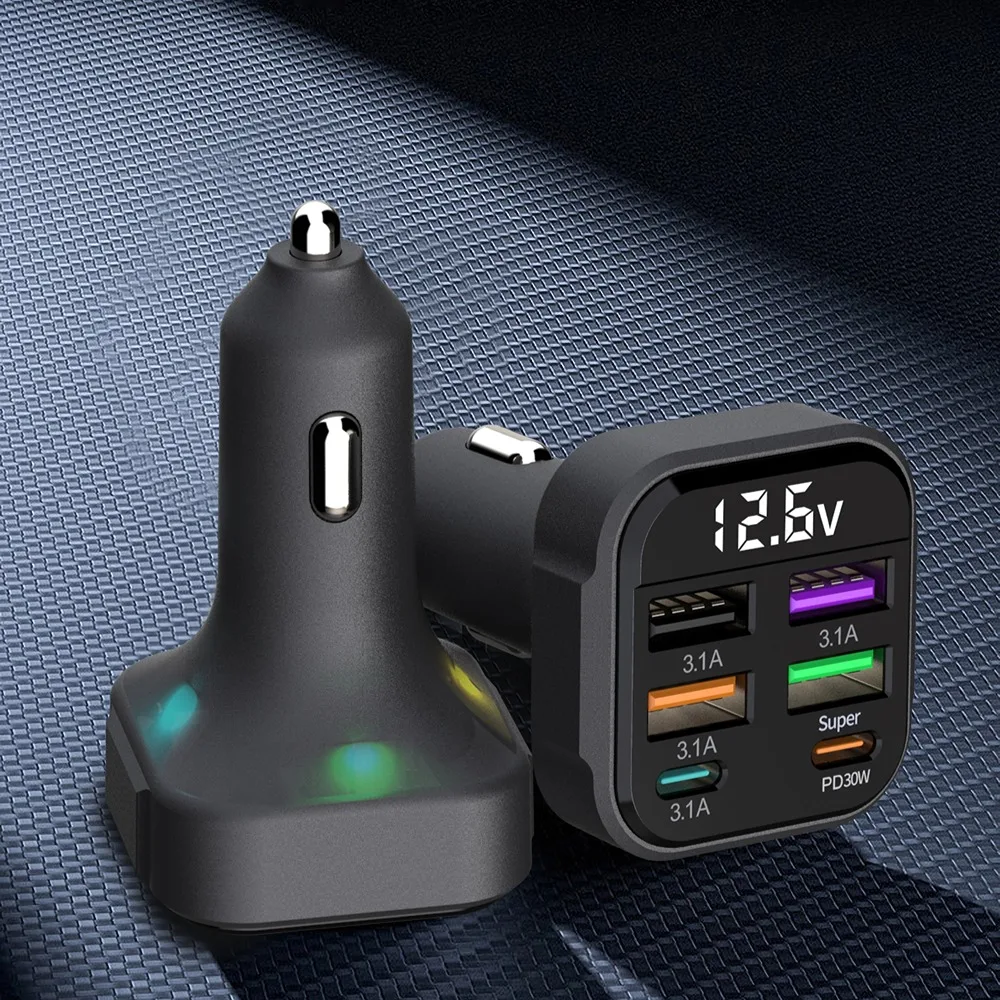 شاحن سيارة USB متعدد المنافذ، محول شحن سريع للغاية PD من النوع C لهاتف iPhone 15 16 Pro Max Samsung iPad والمزيد