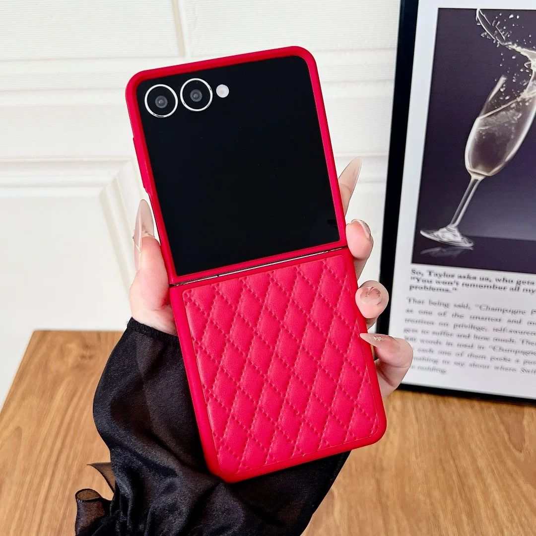 

For Samsung Galaxy Z Flip 7 Case Fashion Small Sheep Leather Skin Grid Pattern Protective Phone Shell Back Cover