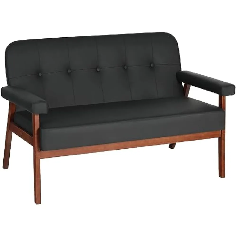 

Leather Small Office Couch Loveseat Sofa with Wood Arms, Mid Century Modern Love Seat Sofas Lounge Armchair Living Room Bedroom