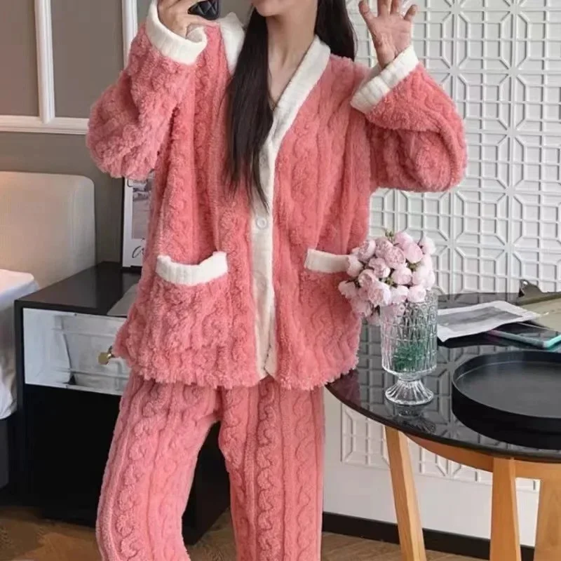 CHUANGERM Women Coral Velvet Pajamas Set 2pcs Autumn Winter Thickened Padded Warm Homewear Cardigan And Trousers For Girls image 6