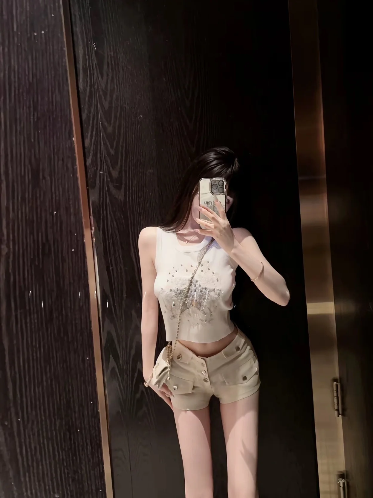 Lucky Star Embroidered Slim Fit Short Knitted Vest Women's Sleeveless Top round Neck H-Shape Backless Strap Cotton Blend