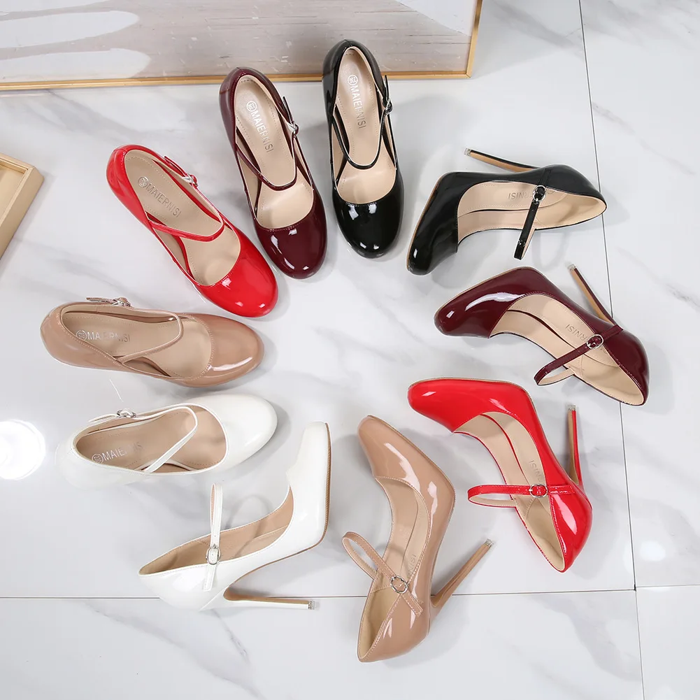 

12cm Ultra High Heels Women's Shoes Round Head Wristband Thin Heel Buckle Fashion High Heels Women's Shoes Large 41-46