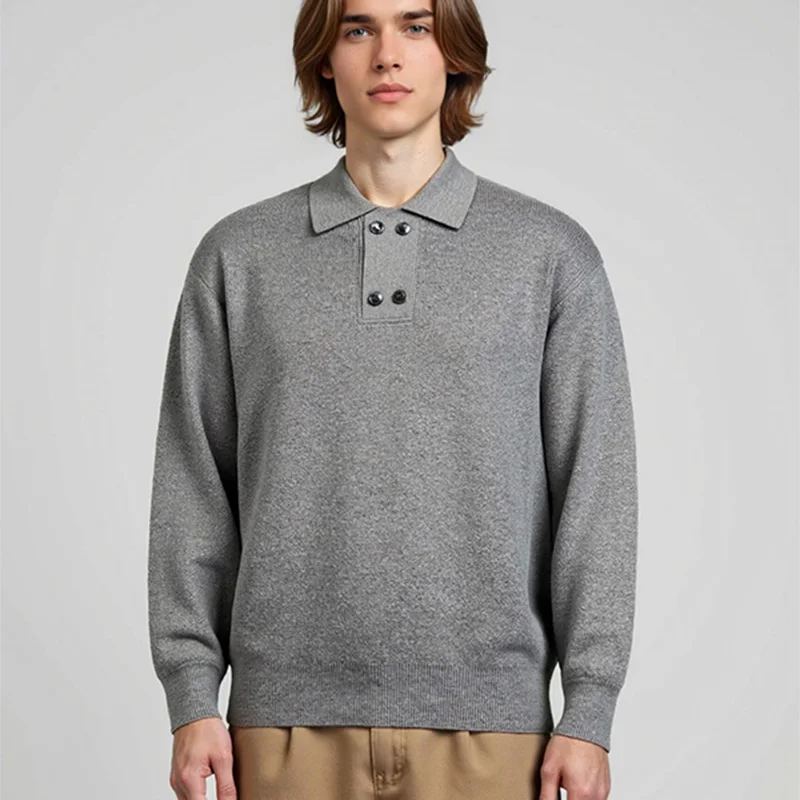

New Trendy Buttons Sweater 2025 Men Autumn Winter Fashion Polo Collar Jumper Long Sleeve Cotton Knit Clothes Pullover Tops