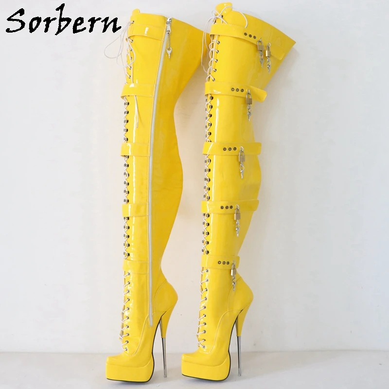 Sorbern Sexy Ballet Boots donna chiusura a chiave cerniera cavallo piattaforma tacco alto in metallo stivale lungo Lace Up Fetish Drag Queen scarpa