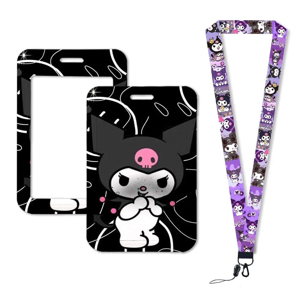 Sanrio kuromi porta-cartões de identificação, cordão para porta de meninas, corda suspensa, porta-crachá, alça de pescoço, cartão de visita, pequeno presente