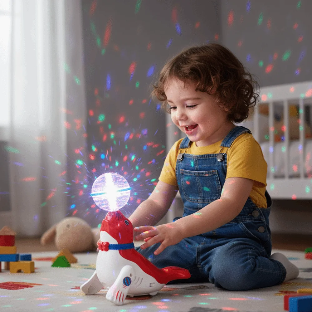 

Colorful Sound Electric Sea Lion Toy Light Cute Design Ball Spinning Stunt Top Ball Dancing Function Interactive Electronic
