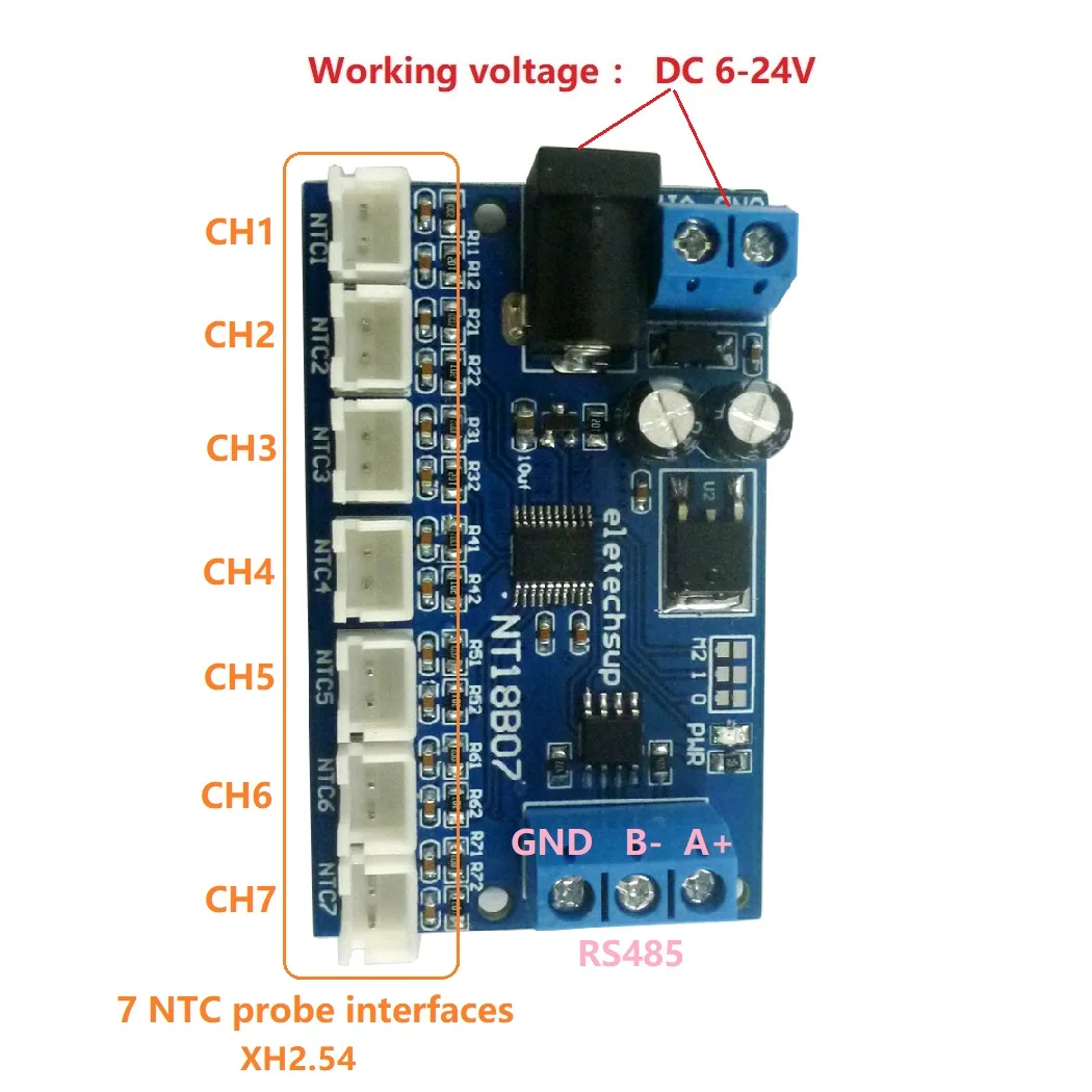 NT18B07 7CH DC 12V RS485 Termistor NTC Czujnik temperatury Modbus Rtu Moduł monitora zdalnego akwizycji B3950 10K 1%