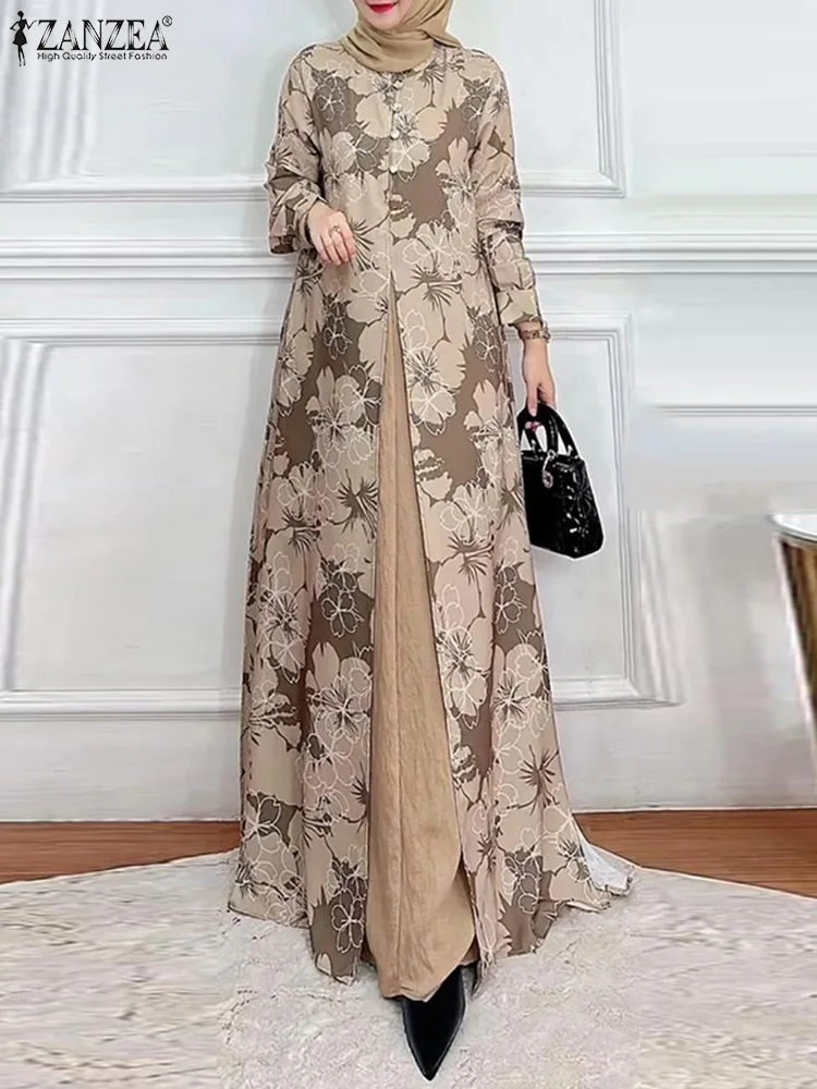 

ZANZEA Women Bohemian Long Sleeve Patchwork Muslim Abaya Sundress Vintage Dubai Turkey Vestido Floral Printed Party Maxi Dress