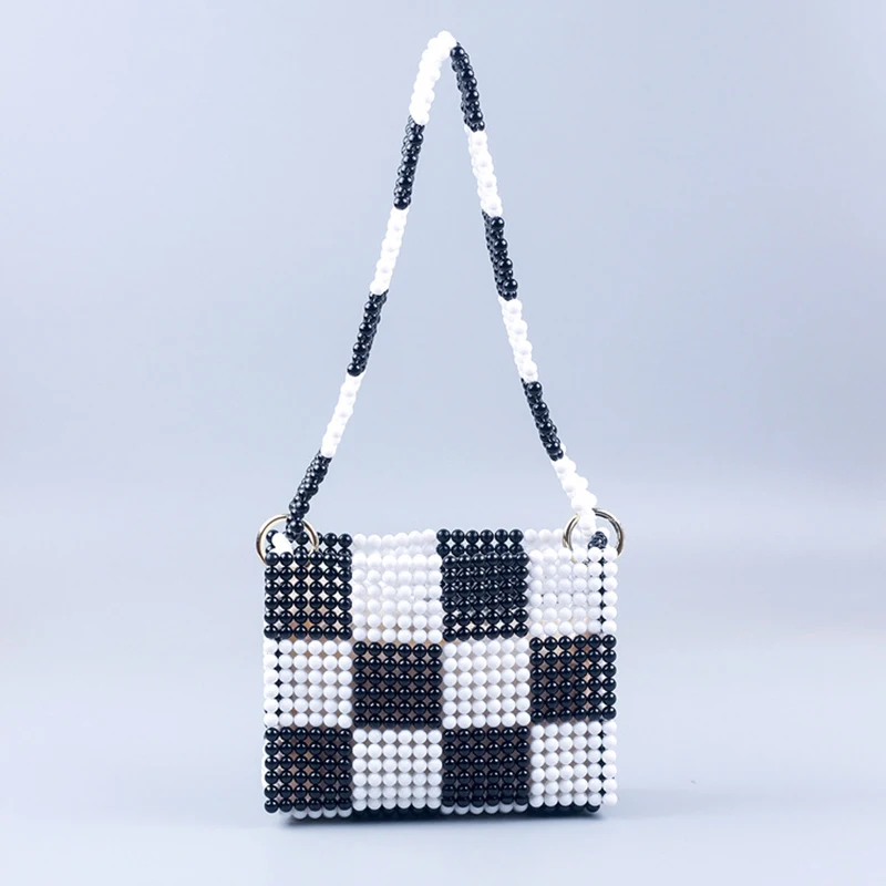 SHINE New Black and White Checkerboard Shape Small Tote Bags for Women Handmade Beaded Woven Fashion Portable Shoulder Handbag