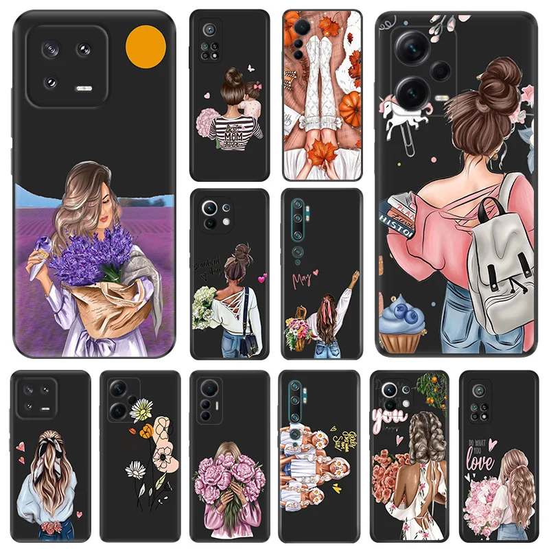 Matte Phone Cases For Redmi 12 12c 13c Note12 Note13 Pro Chrysanthemum Flower Girl Xiaomi 13 Lite 12x 12t 12s Soft Black Cover