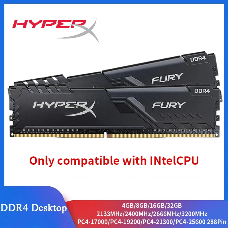 Pamięć RAM HyperX Fury DDR4 8GB 16GB 3200MHz 2400MHz 2666MHz 288 Pinów do Komputerów Stacjonarnych, Kompatybilna Tylko z Procesorami Intel