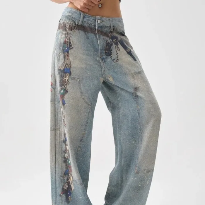 

Свободные широкие джинсовые джинсы с высокой талией, длинные брюки прямого кроя, синие, из полиэфирного волокна, женские летние морские образцы, винтажный принт