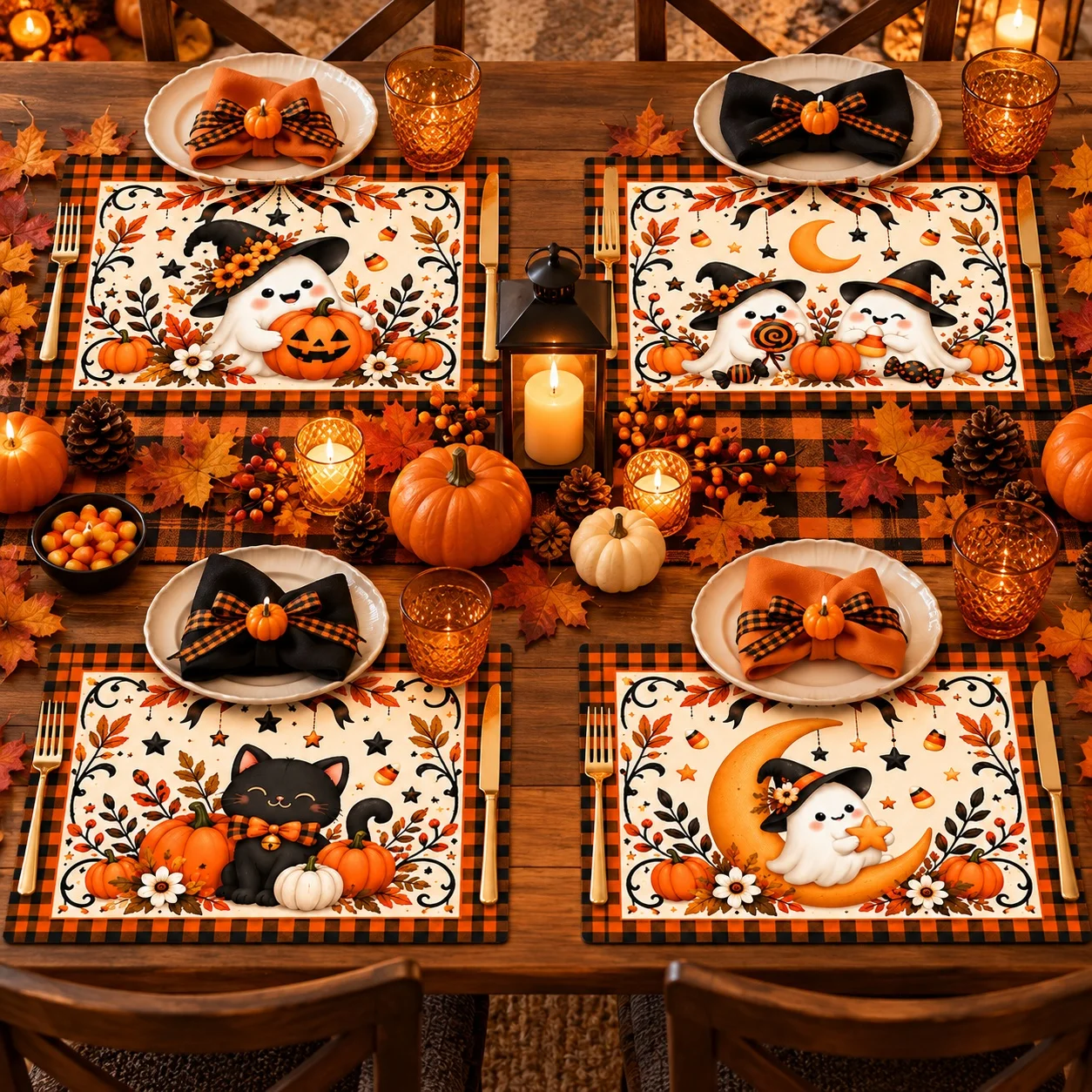 4Pcs Halloween Placemats Set Cute Ghost Pumpkin Black Cat Table Mats Fall Farmhouse Dining Table Decor