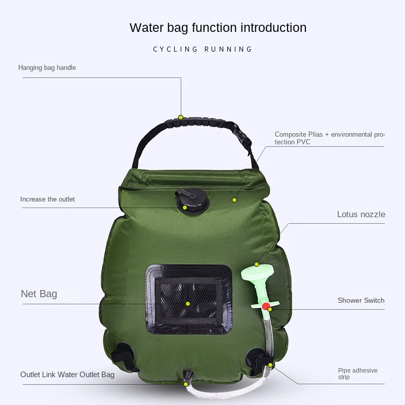 Solar hot water bag, outdoor bathing tool, camping folding portable equipment, water storage shower head bag