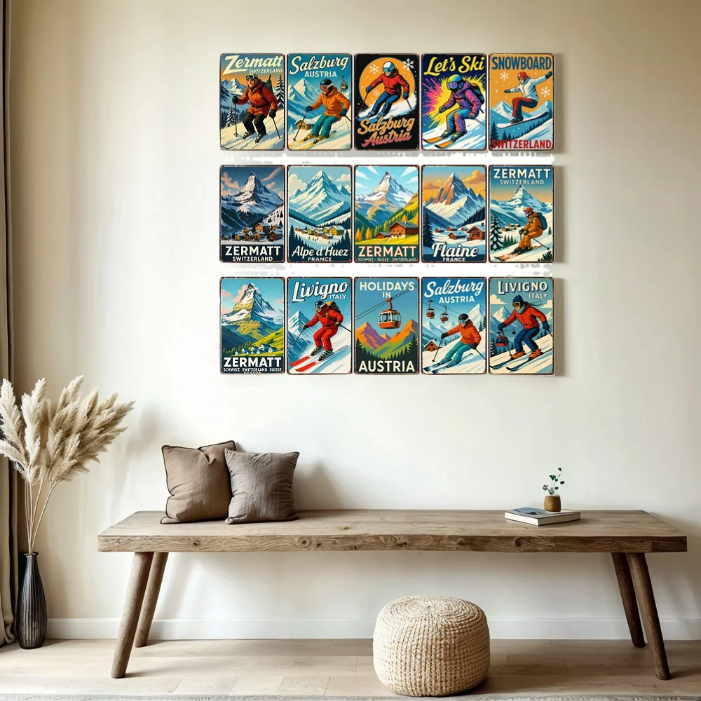 【YZFQ】Zermatt Switzerland Metal Sign Livigno Italy Ski Vintage Plaque Wall Home Kitchen Bar Garage Winter Decor 12X8INCH ZW-10