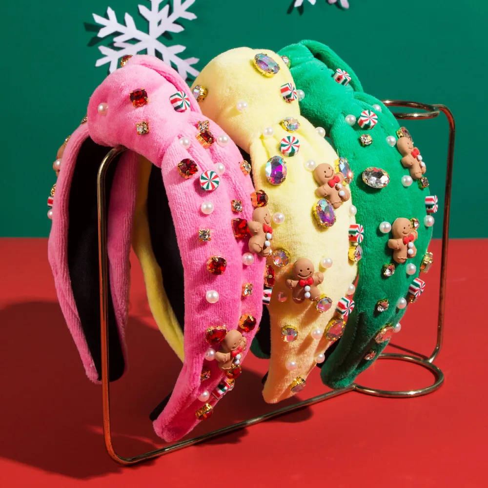 

Heming Christmas Headband Candy High Quality Flannel Diamond Gingerbread Man Headband Hair Accessories Christmas