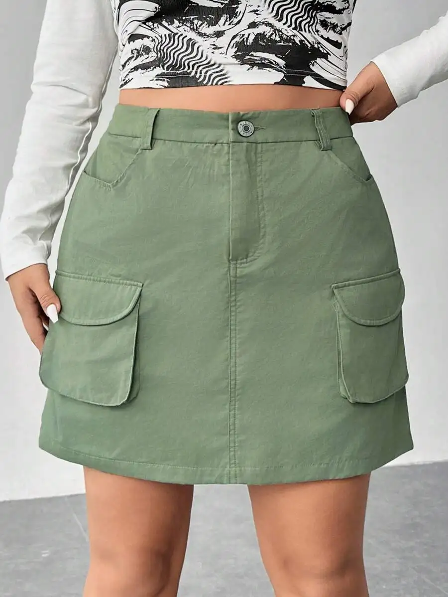 

Cargo Skirt With Flap Pockets High Waist Casual Mini Skirt