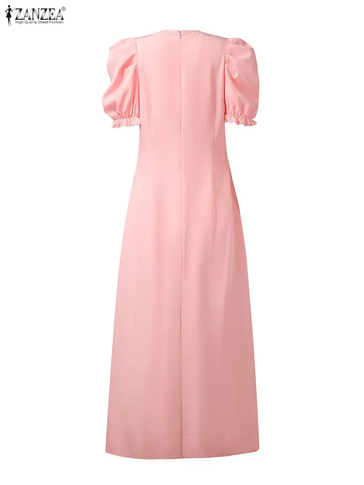 Elegante abito da festa con scollo a V ZANZEA Abiti da donna da ufficio 2025 Manica a sbuffo Solido Vestito estivo a pieghe Una linea Abiti midi Abito con cintura