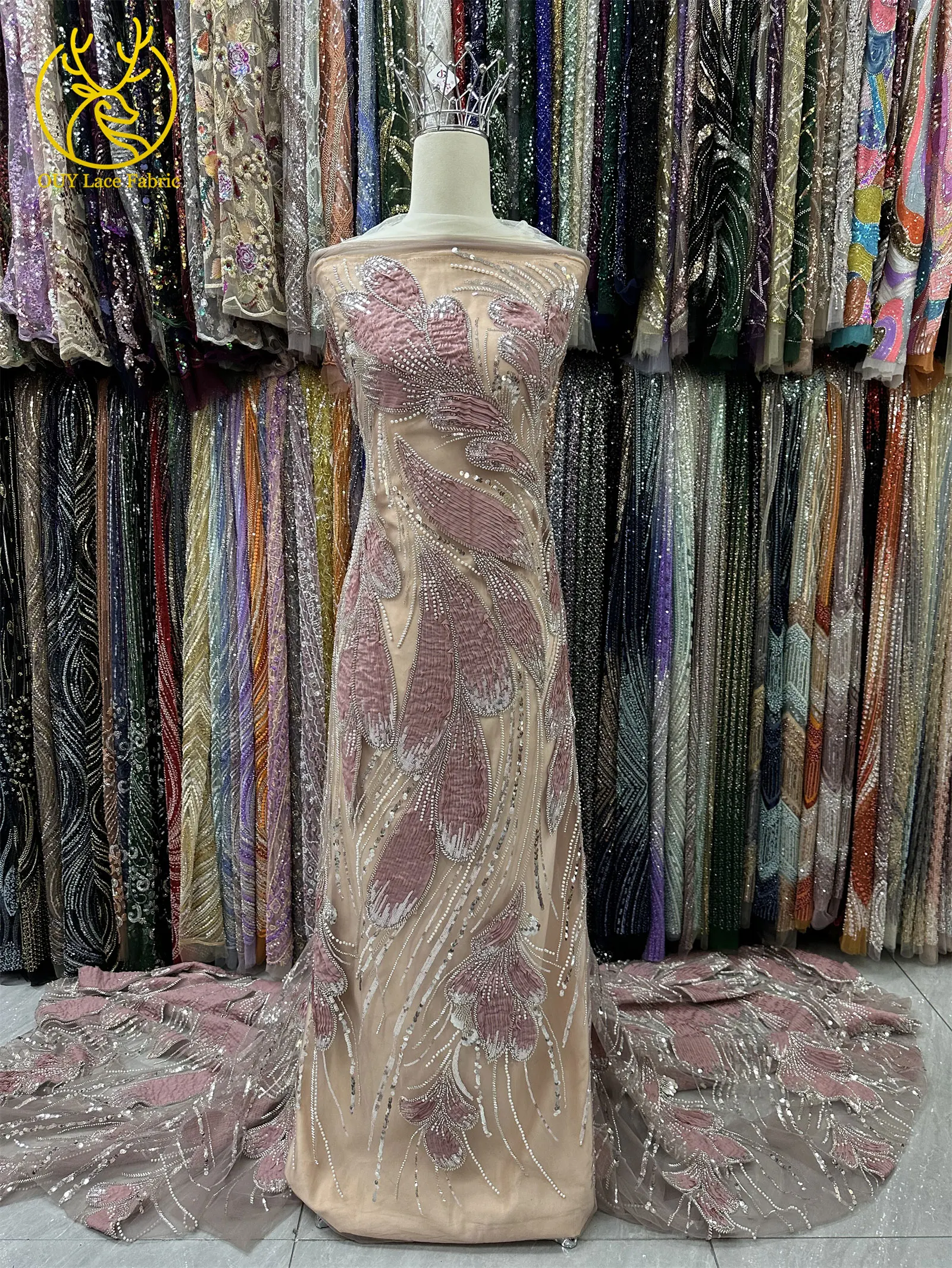 Newest African Nigerian Beaded Lace Fabric 2025 High Quality French Sequin Tulle Lace Fabric for Wedding Dress Sewing 5 yards