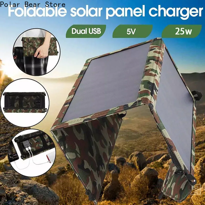 

Foldable 25W 5V Solar Panel Cell Portable Battery Double USB Ports Chargers Folding Bag for Camping Travel Outdoor Power Bank