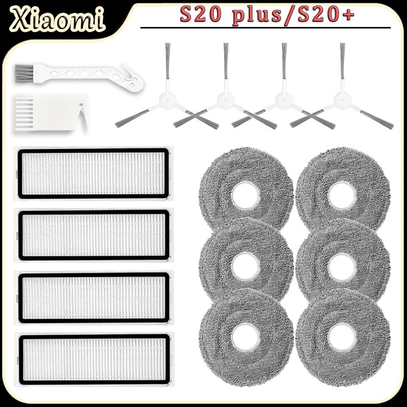 Kit de acessórios para aspirador de pó robô Xiaomi S20 plus/S20+, filtro HEPA, pano de limpeza, escova lateral, peças de reposição