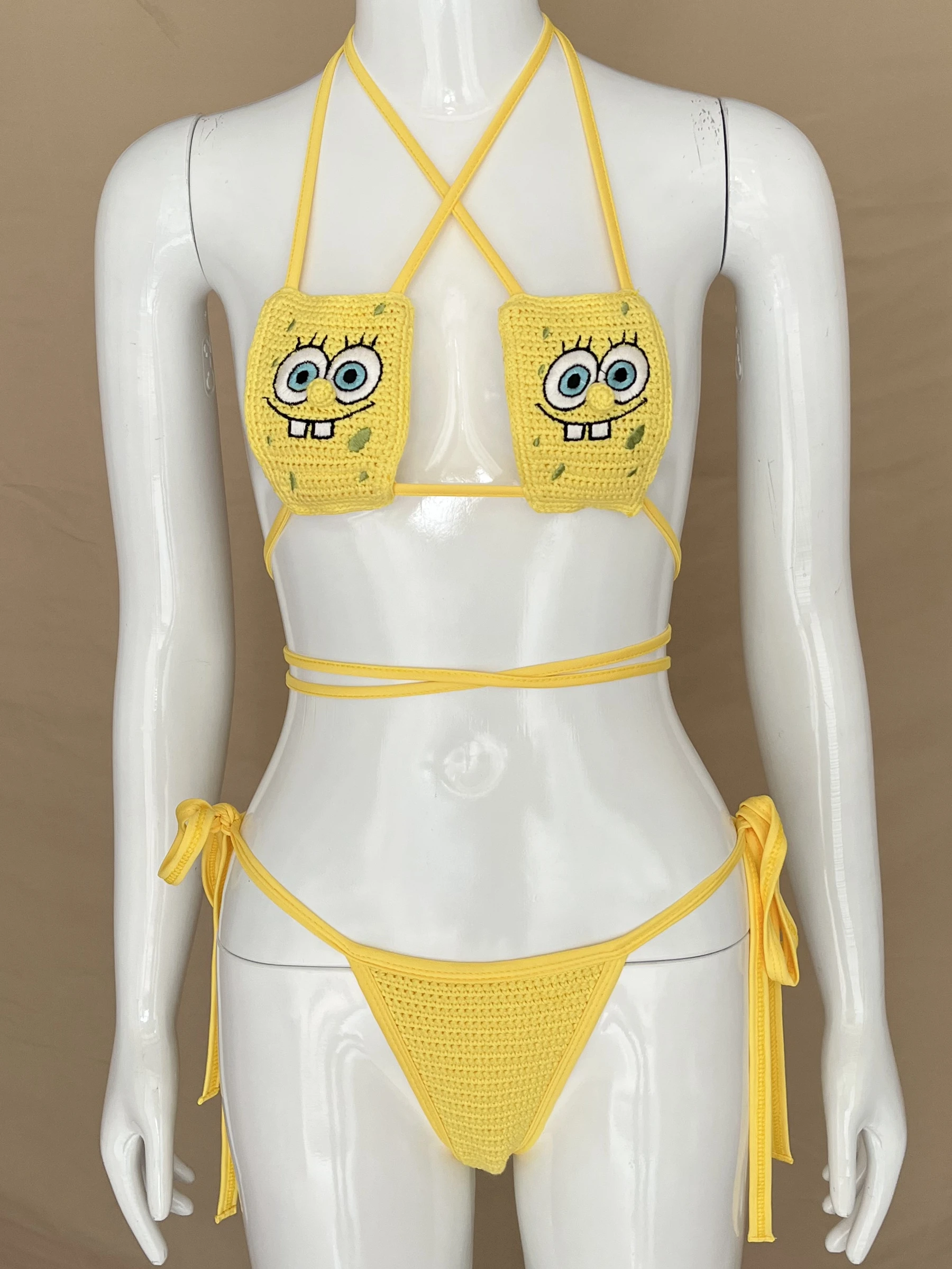 2024 Crochet Cartoon Bikini Swimwear Bathins Suit For Women Gifts Yellow Fashion String Swimsuit Sexy Brazil Cute  Beachwear