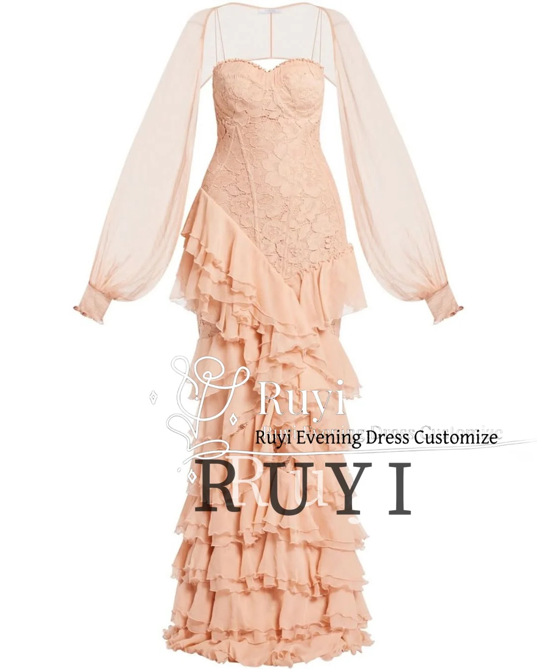 Abiti da ballo in pizzo con scollo a cuore personalizzati Abiti da sera in chiffon con maniche lunghe a sbuffo per occasioni formali con volant a strati