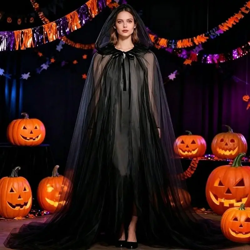 Witch Costume Wrap for Adults with Oversized Cowl Sheer Long Train and Gothic Halloween Theater Party Styling 6XDA