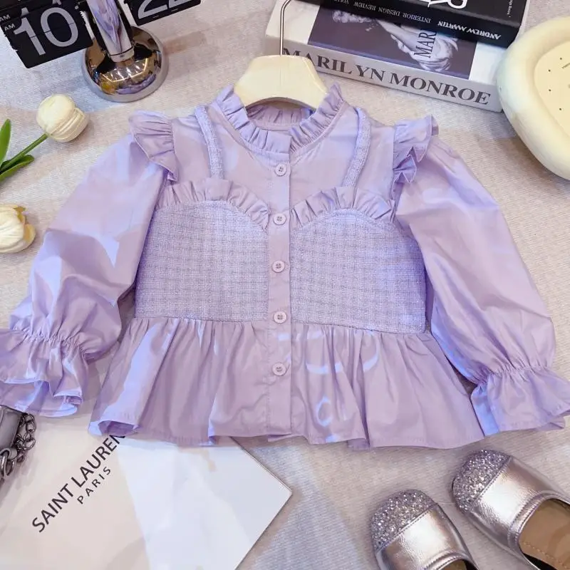 

2025Korean Style Girls' Autumn Outfit Fashionable Fake Two-Piece Top Children's Trendy Denim Two-Piece Set