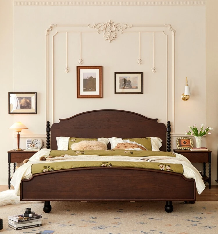 French retro solid wood bed double  medieval home bedroom single bed