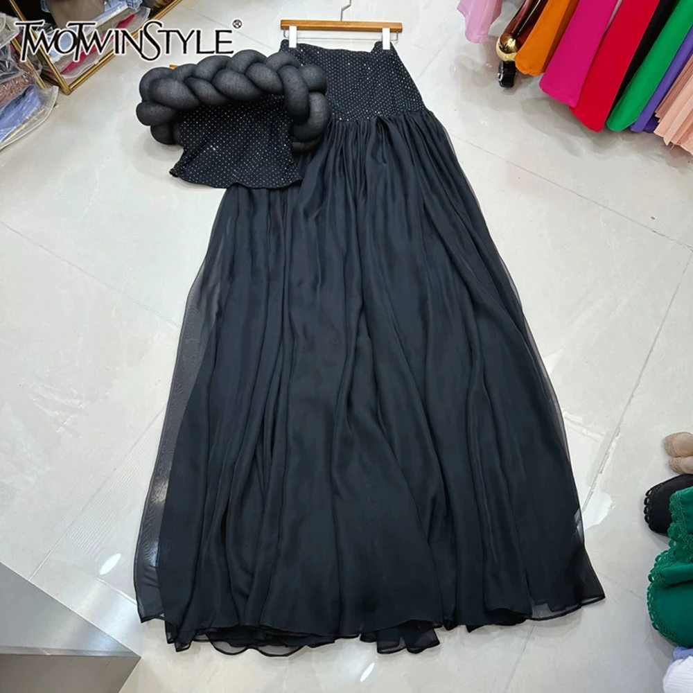 

TWOTWINSTYLE Solid Two Piece Sets For Women Slash Neck Sleeveless Top High Waist Long Skirt Elegant Set Female Fashion KSE538338