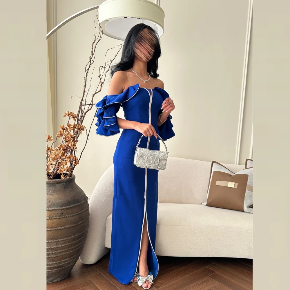 

Customized Jersey Sequined Beading Ruched Engagement A-line Off-the-shoulder Bespoke Occasion Gown Long Dresses