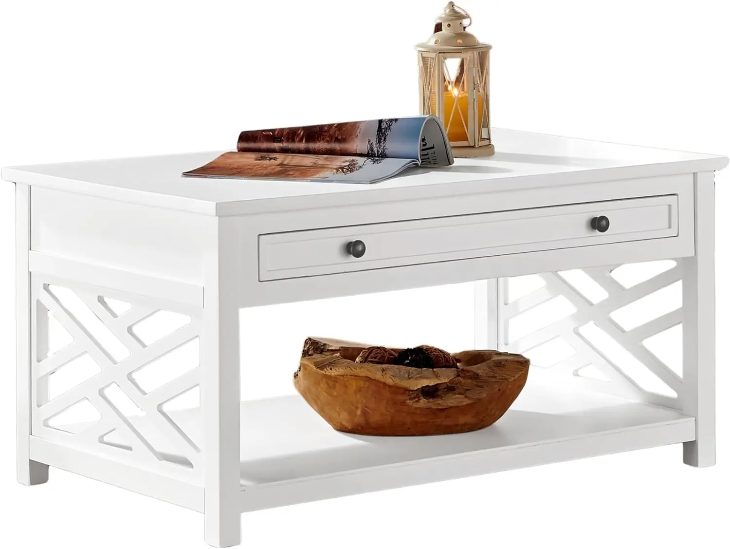 36" Modern White Wood Coffee Table - Coventry Accent Furniture with Drawer & Open Shelf, for Living Room Storage & Décor