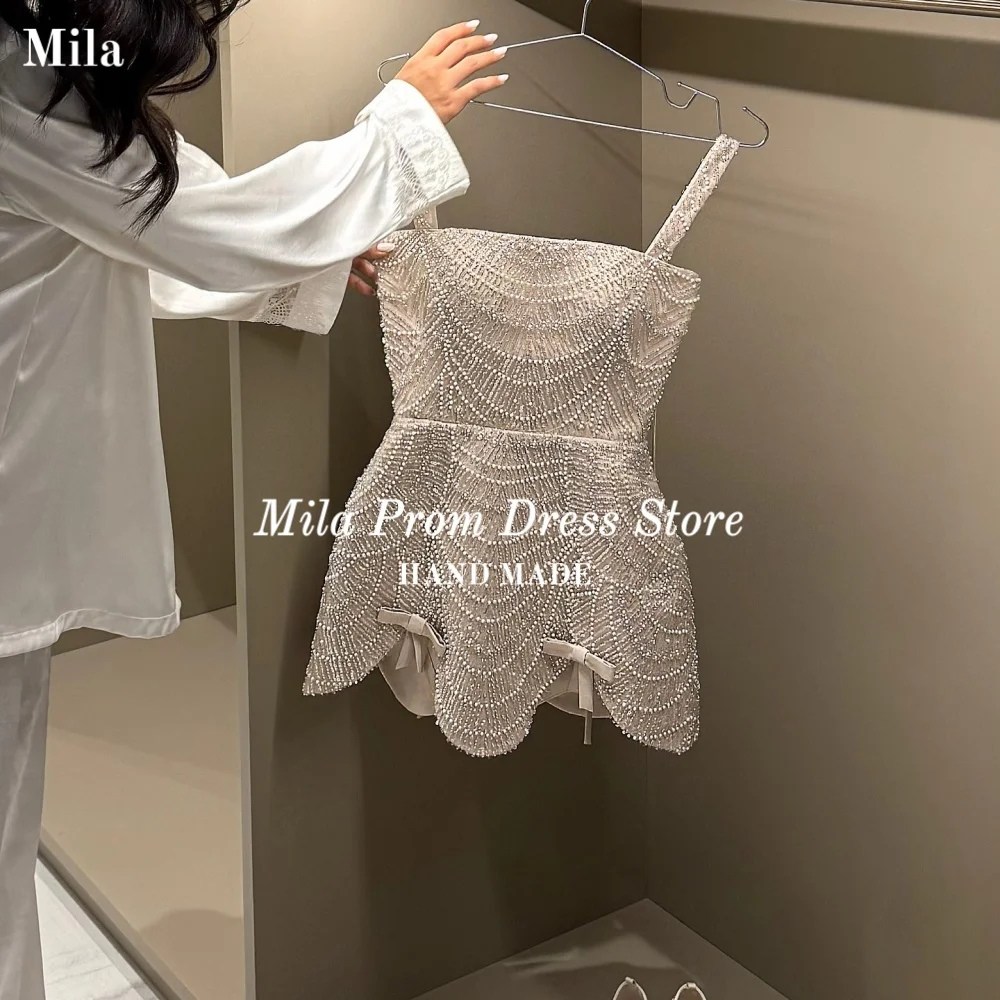 

Mila Customized Glitter Beading A-Line Sleeveless Wedding Dress Sexy Mini Spaghetti Strap Formal Evening robe de mariée 2026