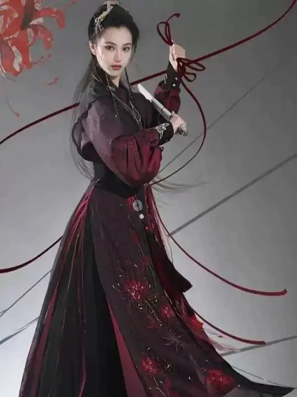 New Hanfu Women Spider Silk Language Han Elements Song Dynasty System Hand Long Gown Sleeved Over-dressred Spider Lily Black Red