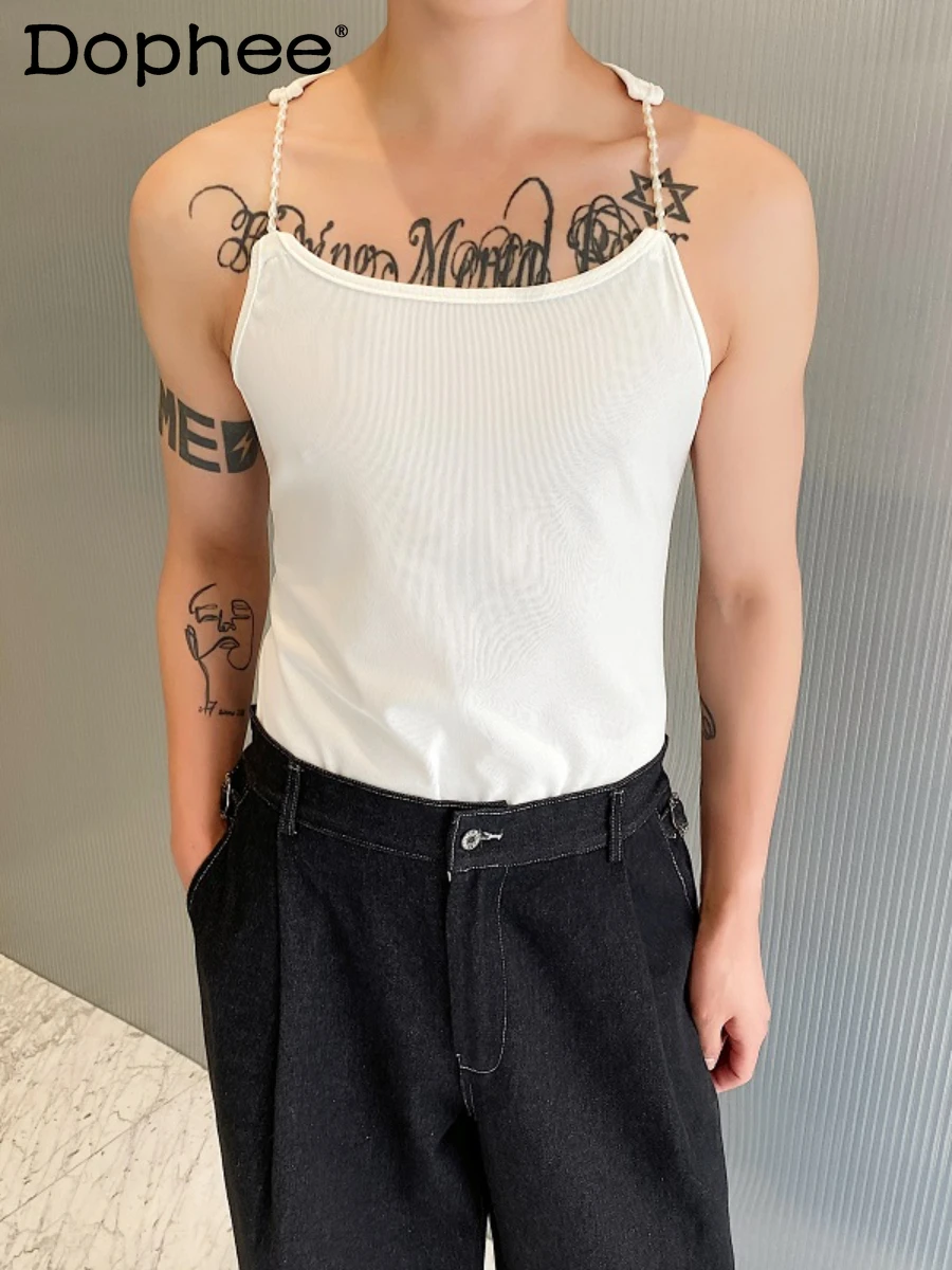 

2024 Summer Fashion High-End Knitted Vests Men's Pearl Shoulder Strap Design Stretch Sleeveless Youth Popular Trendy Male Vests