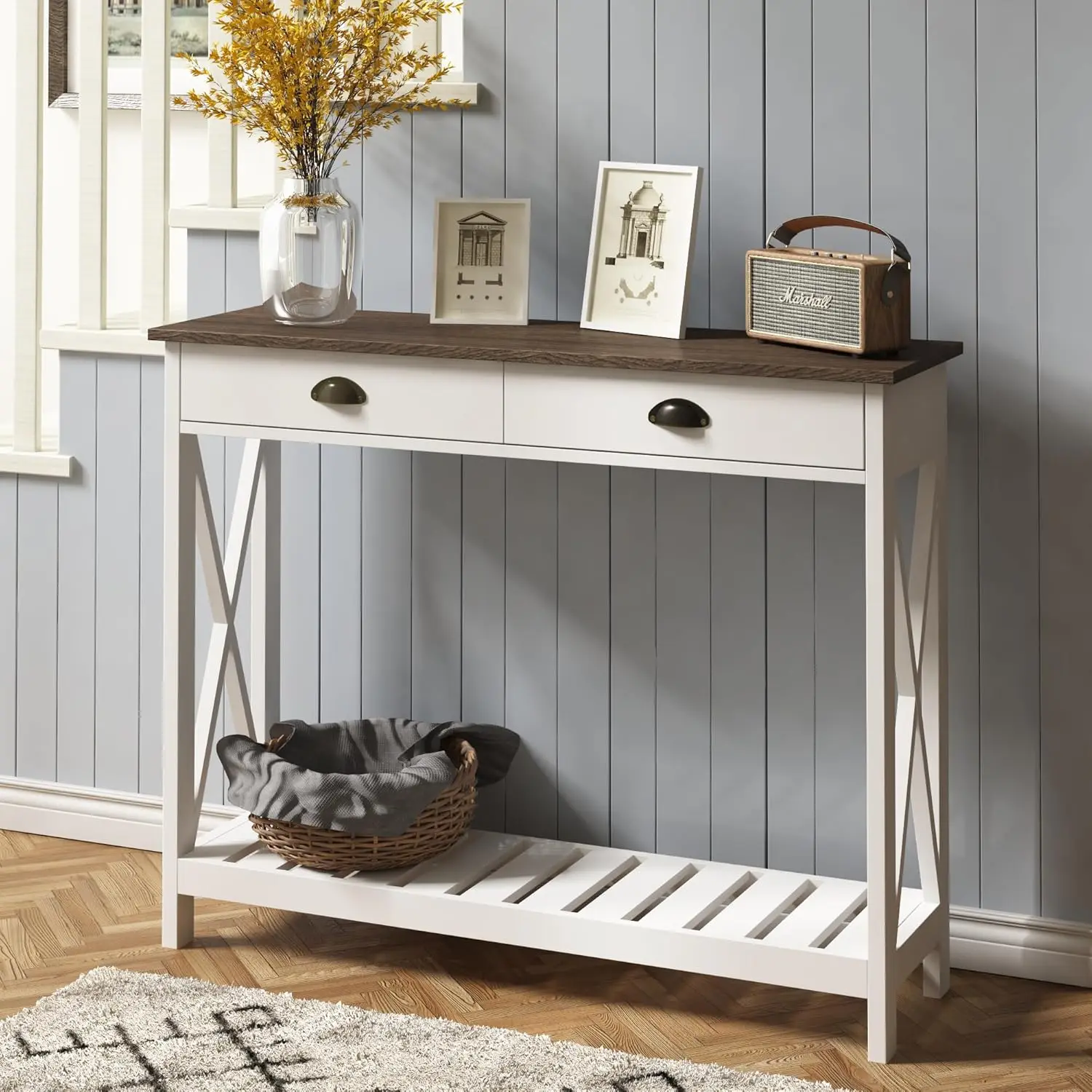 

Console table with drawers, narrow long console table with shelves, rustic vintage hallway sofa table, 40 white