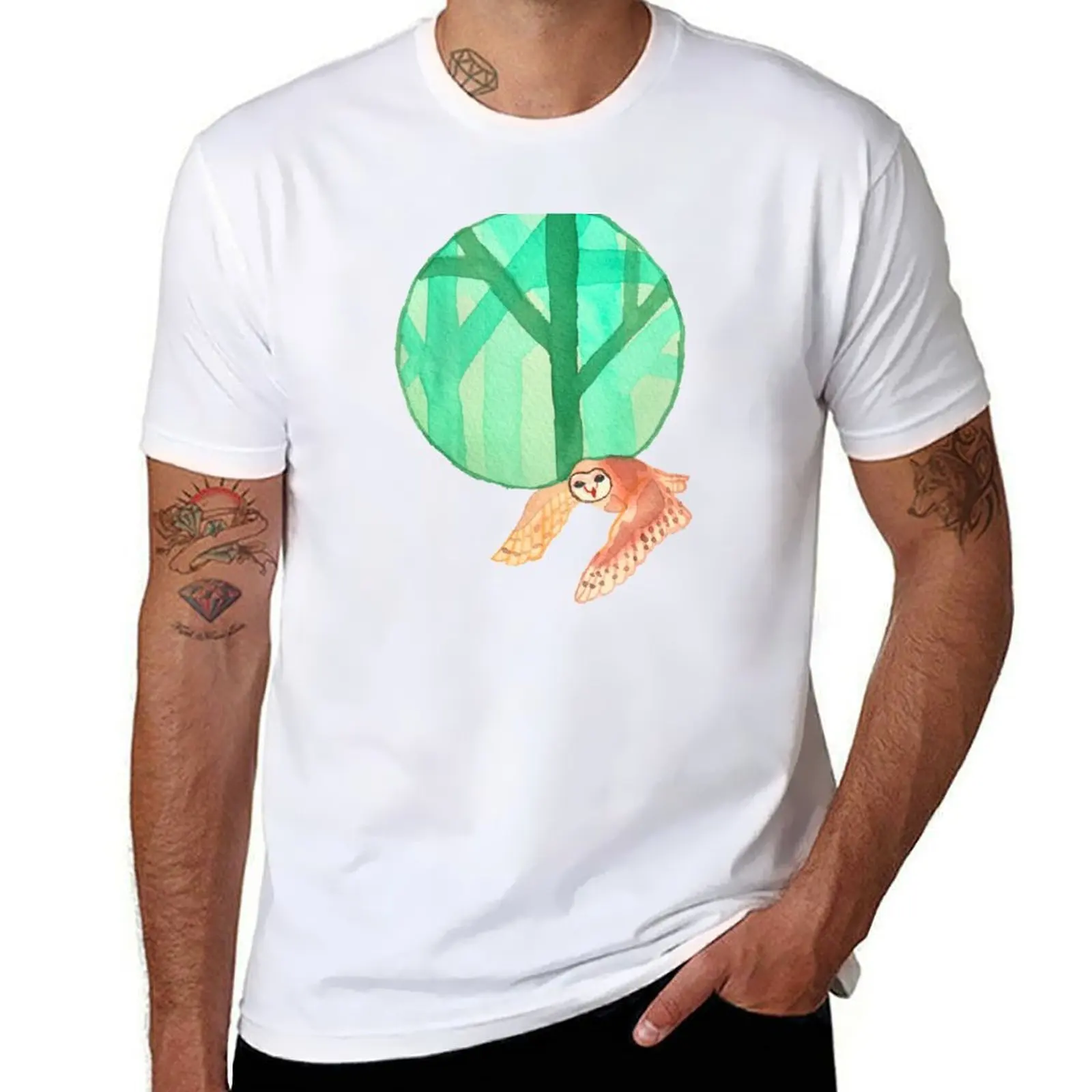 

Barn owl with mystical forest, black T-Shirt men t shirt cotton 100% t shirt for man 100 percent cotton T-Shirt