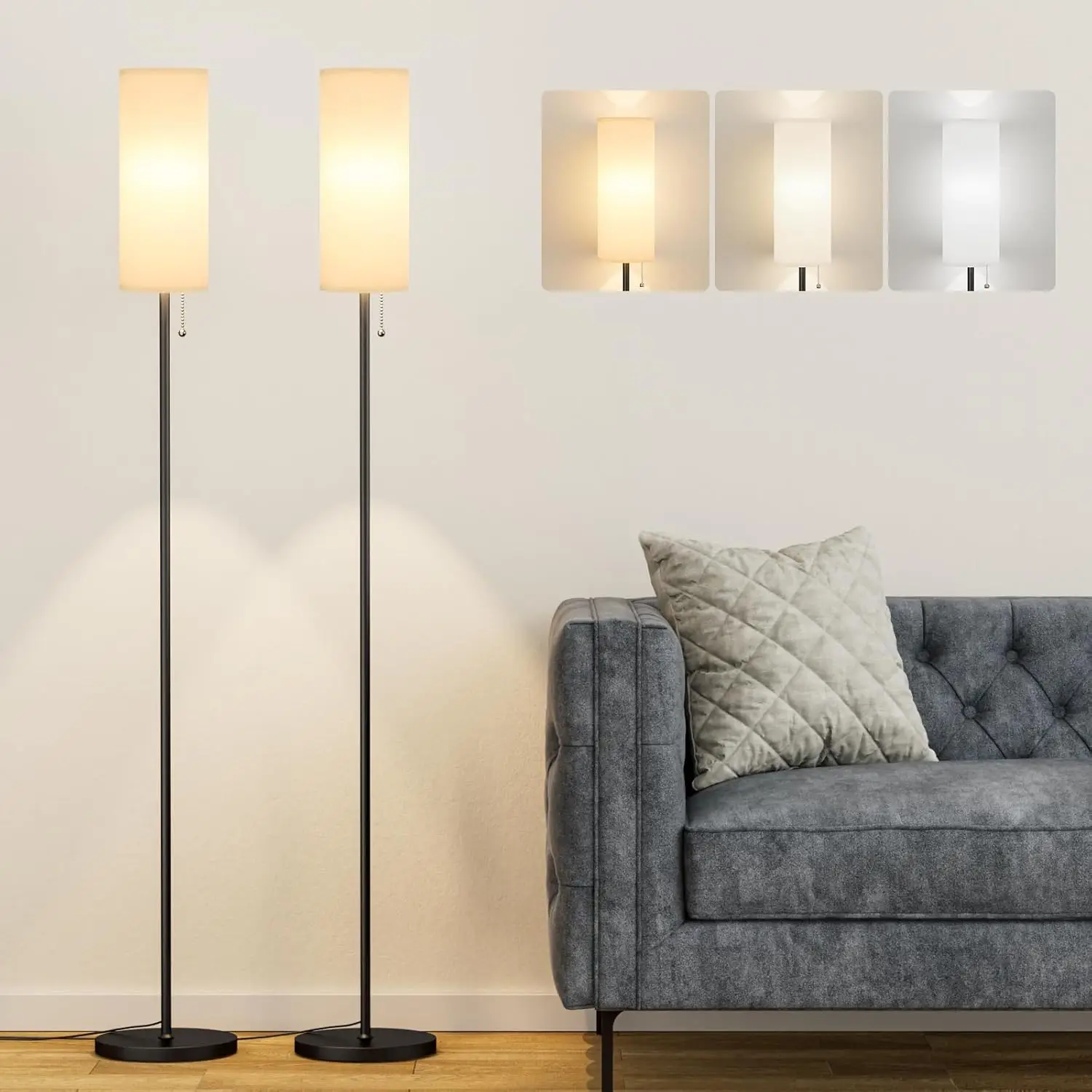 

64-дюймовый торшер с 3 цветовыми температурами, льняной абажур для спальни, минималистичный черный столб