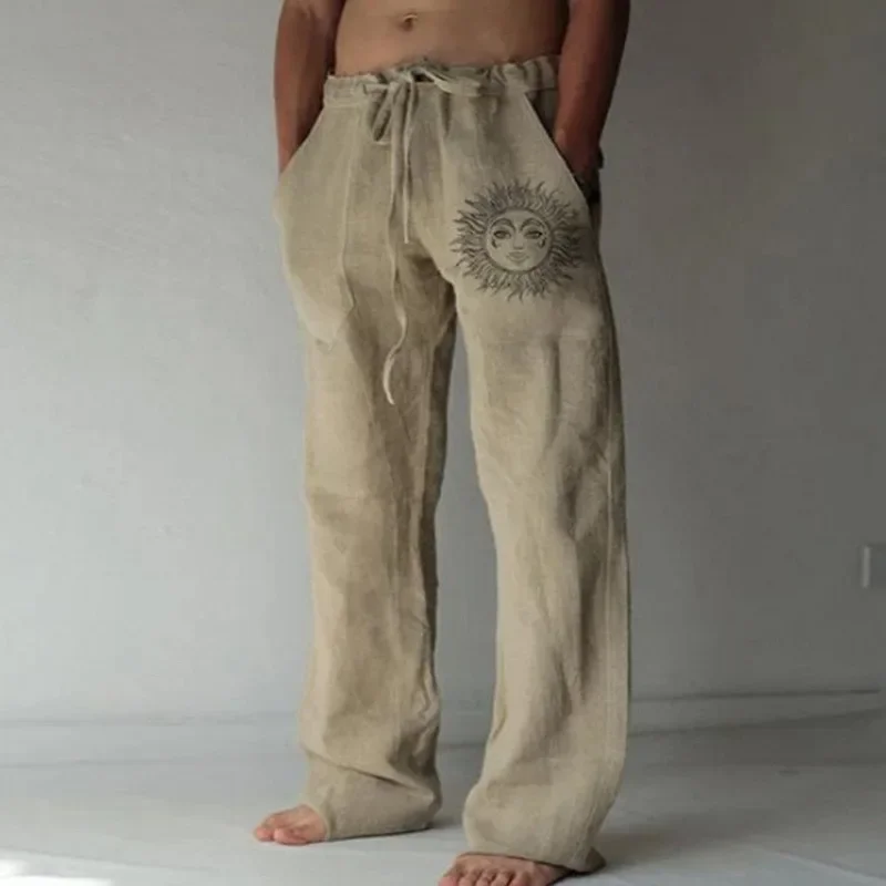 Men's Casual Sun Flower Print Linen Pants with Drawstring Waist