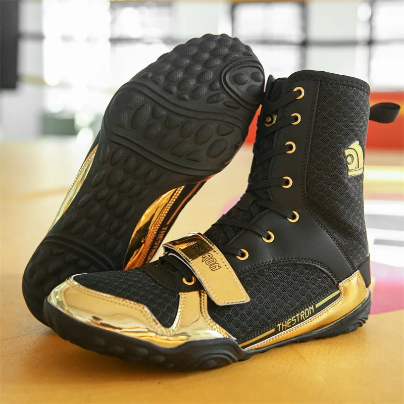 Preto Botas de Boxe Profissional Homem Tamanho Grande 39-48 Respirável Não-Deslizamento Sapatos De Boxe Para Homens High-Top Soft Men's Wrestling Shoes