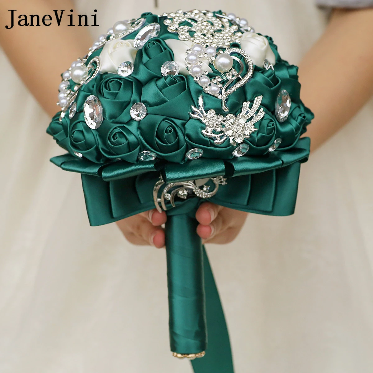 JaneVini Vintage Dark Green Roses Bridal Flowers Wedding Bouquets Luxurious Pearls Crystal Bride Holding Flowers Accessories