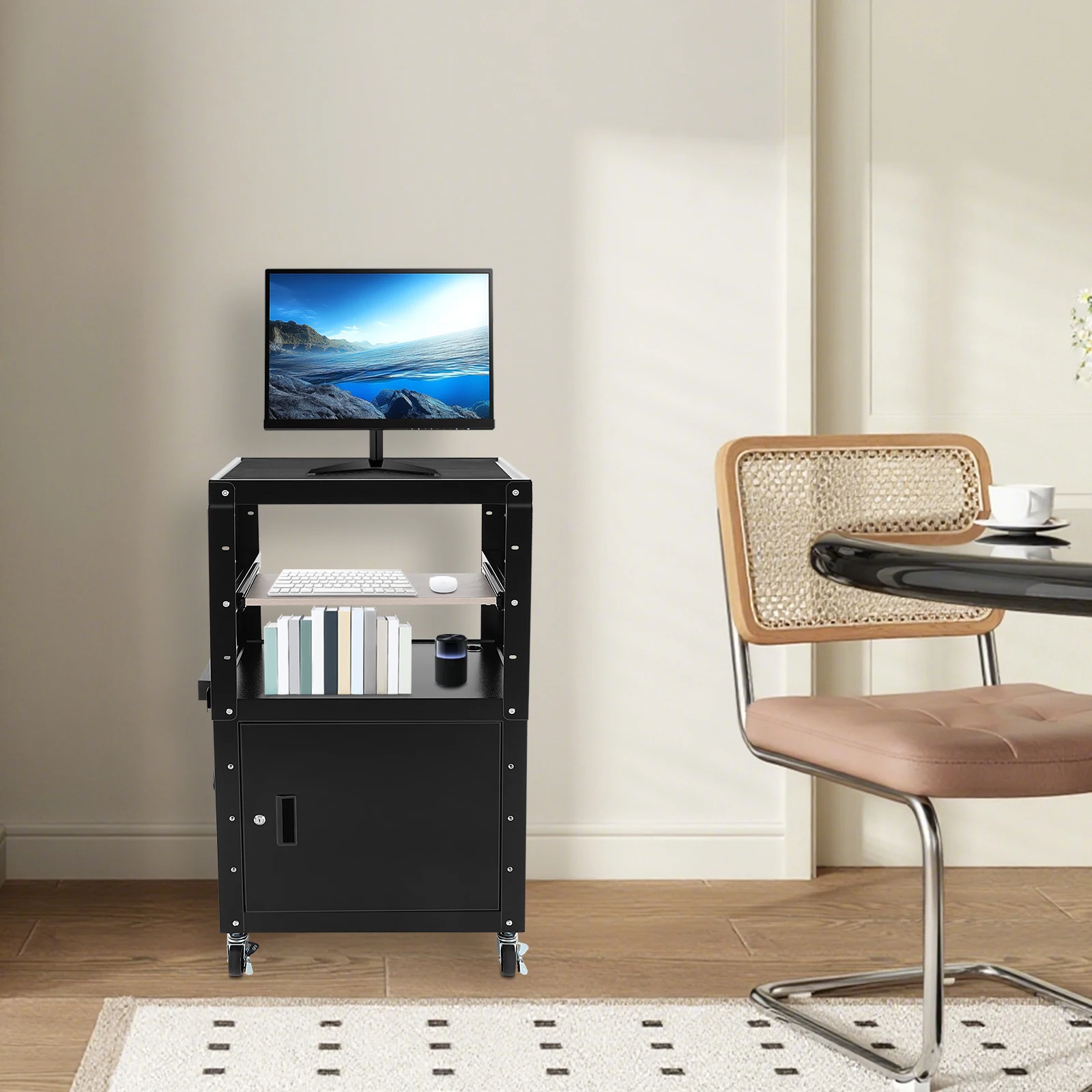

Utility Cart with Storage and Keyboard Tray, Steel AV Cart with Additional Storage, Height Adjustable Rolling Cart