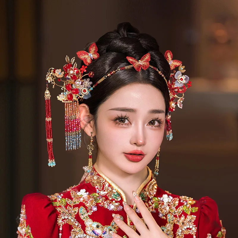 Xiuhe Headdress Red Flower Costume Chinese Wedding Jewelry Hair Clasp Simple and Elegant