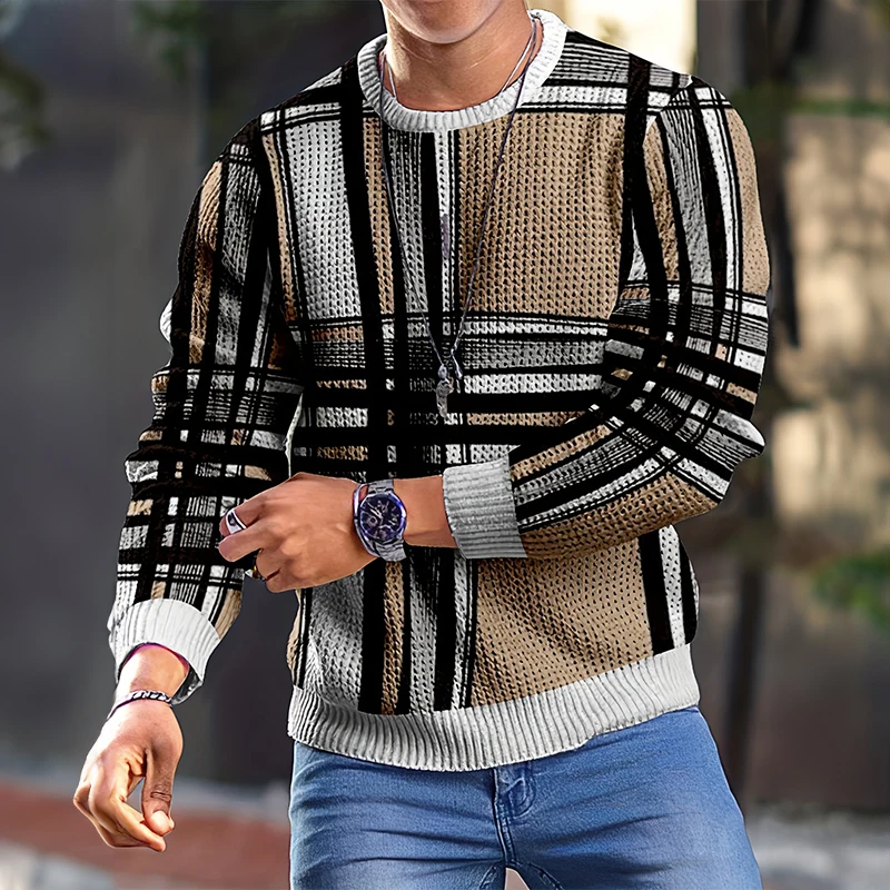 New Colorblocking Printed Henley Shirt Men Fashion Retro Long-sleeved T-shirt Oversized Clothing Outdoor Casual Round Neck Shirt