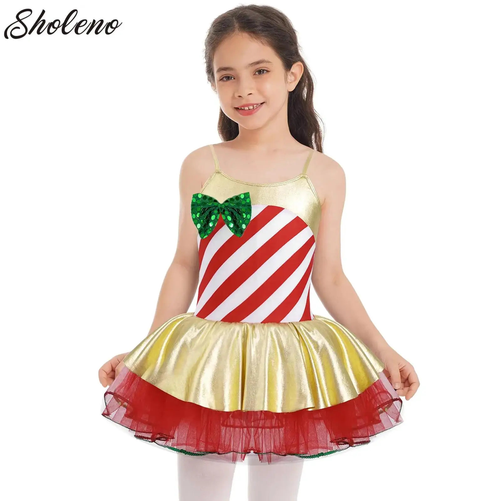 

Kids Girls Christmas Elf Halloween Costume Sleeveless Candy Cane Tutu Dress Princess Cosplay Fancy Dress Performance Dancewear